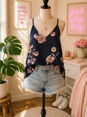 Cotton On Navy Floral Cami Tank Top XS Boho Cottagecore Adjustable Straps